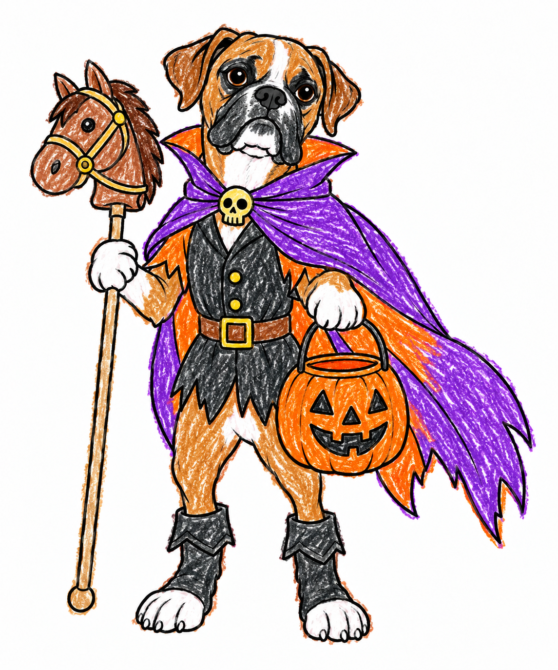 A colored boxer with a purple cape, hobby horse, and orange pumpkin bucket.