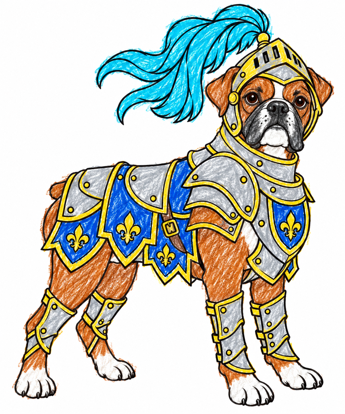 A colored boxer in silver armor with royal blue and gold details.
