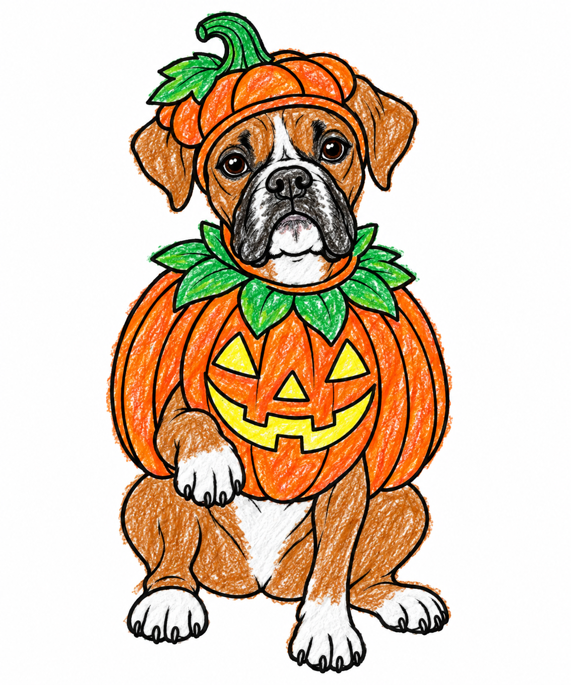 A colored boxer in a bright orange pumpkin costume with green leaves.