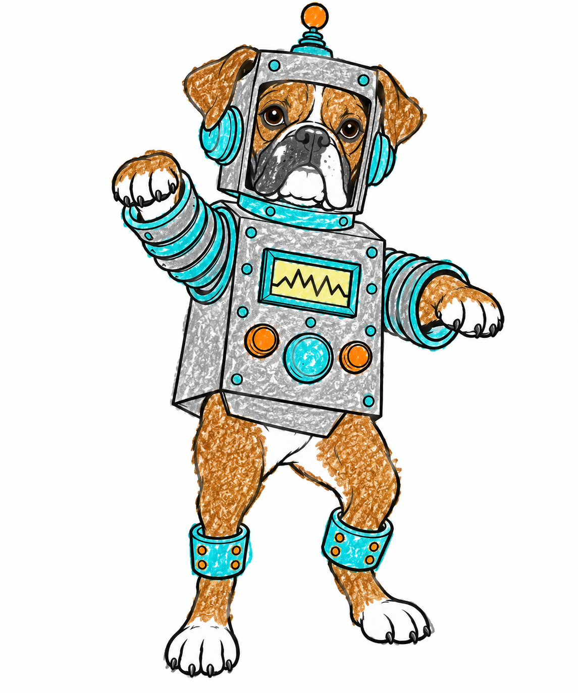 A colored boxer in a silver and turquoise robot costume.