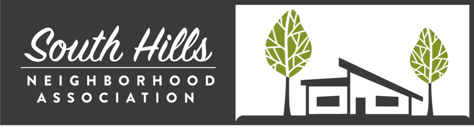 South Hills Neighborhood Association logo with a midcentury house and trees.